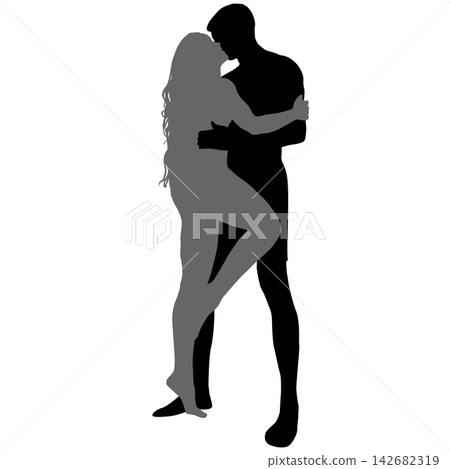 Black silhouette of a man and woman standing together and hugging isolated on a white background. 142682319