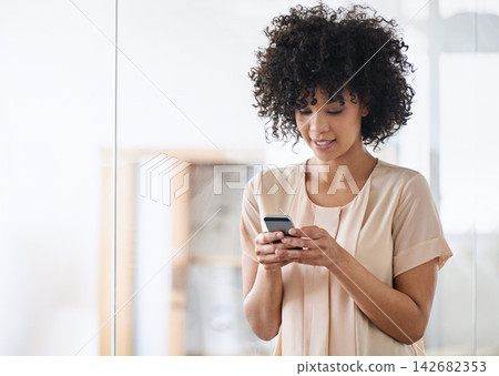 Reading, mobile and business woman in office for sending email, networking or browsing website. Professional, human resources and person with smartphone for communication, social media or information 142682353