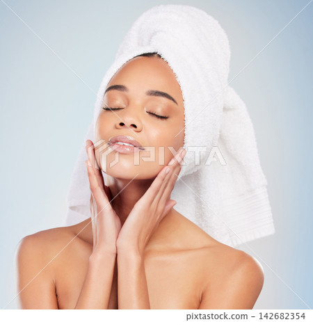 Woman, skincare and beauty with spa, routine and cosmetics for wellness in white background. Female person, eyes closed and pride with hygiene, face and dermatology for cleaning, results and glow Woman, skincare and beauty with spa, routine and cosmetics for wellness in white background. Female person, eyes closed and pride with hygiene, face and dermatology for cleaning, results and glow 142682354