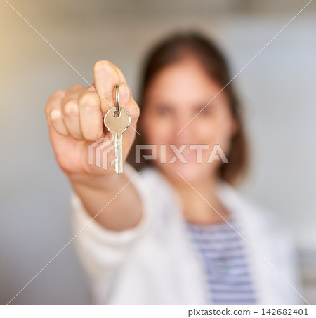 Happy woman, hand and new home with keys in apartment, investment or indoor property. Closeup of female person, realtor or homeowner with access to house, mortgage or buyer in real estate or building Happy woman, hand and new home with keys in apartment, investment or indoor property. Closeup of female person, realtor or homeowner with access to house, mortgage or buyer in real estate or building 142682401