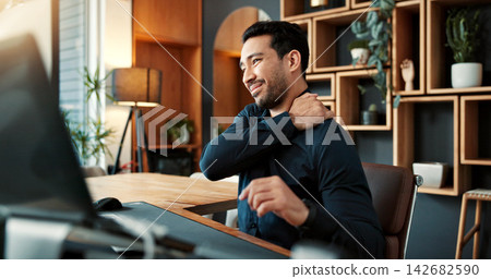 Businessman, laptop and neck pain in office with discomfort for muscle tension or bad posture. Frustrated, man or employee with sore spine, shoulder or injury for overworked strain or pressure Businessman, laptop and neck pain in office with discomfort for muscle tension or bad posture. Frustrated, man or employee with sore spine, shoulder or injury for overworked strain or pressure 142682590