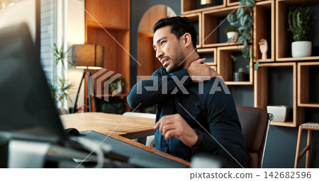 Businessman, laptop and neck pain in office with injury for muscle tension or bad posture. Frustrated, man or employee with sore spine, shoulder or discomfort for overworked strain or work pressure Businessman, laptop and neck pain in office with injury for muscle tension or bad posture. Frustrated, man or employee with sore spine, shoulder or discomfort for overworked strain or work pressure 142682596