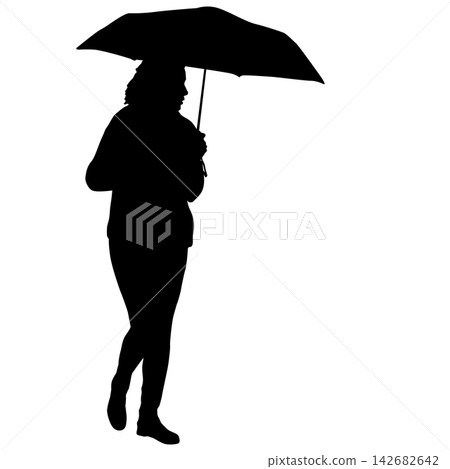 Black silhouette of a woman walking with an umbrella in the rain isolated on a white background. Black silhouette of a woman walking with an umbrella in the rain isolated on a white background. 142682642