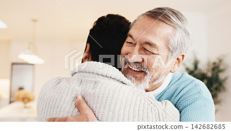 Smile, man and hug senior father in home for welcome, bonding moment or comfort in homecoming. Love, adult son or embrace elderly dad for greeting, happy family reunion or holiday visit in retirement Smile, man and hug senior father in home for welcome, bonding moment or comfort in homecoming. Love, adult son or embrace elderly dad for greeting, happy family reunion or holiday visit in retirement 142682685