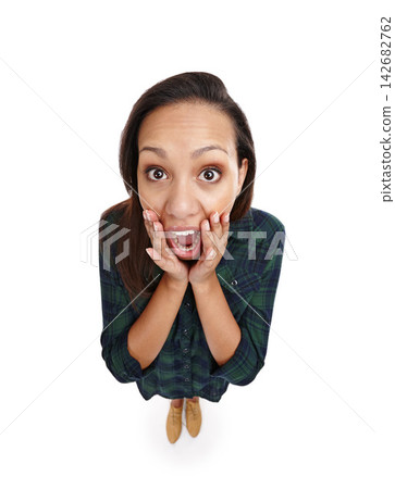 Top view, woman and wow emoji for discount, announcement and information with face by white background. Portrait, female person and expression for shock, surprise and amazed on studio backdrop 142682762