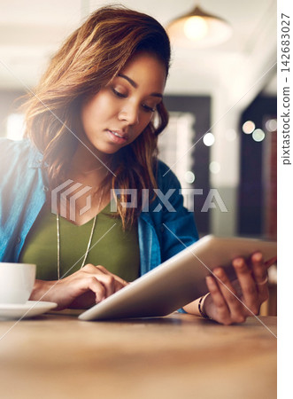 Woman, tablet and research with cafe, technology and online article for news. Journalist, internet and website for web knowledge, coffee shop and remote freelance work or break for social media 142683027
