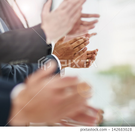 Business people, hands and clapping for growth in office, motivation and support for company win. Employees, applause and solidarity for target or goals achievement, celebration and review in meeting Business people, hands and clapping for growth in office, motivation and support for company win. Employees, applause and solidarity for target or goals achievement, celebration and review in meeting 142683028