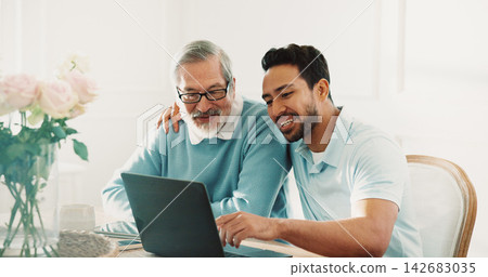Senior, dad or man with laptop for advice, app navigation and account setup for online banking. Happy, asian father and son with help in home for portal login, hug or digital literacy in retirement Senior, dad or man with laptop for advice, app navigation and account setup for online banking. Happy, asian father and son with help in home for portal login, hug or digital literacy in retirement 142683035