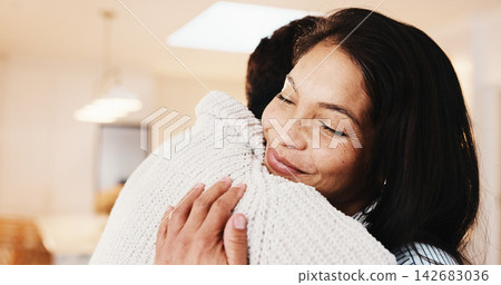 Happy couple, hug and love in home, relax and connection with partner on break and marriage loyalty. People, embrace and affection for spouse, relationship commitment and bonding with smile in house Happy couple, hug and love in home, relax and connection with partner on break and marriage loyalty. People, embrace and affection for spouse, relationship commitment and bonding with smile in house 142683036