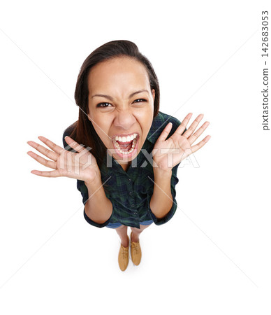 Top view, woman and shouting for announcement, information or news with face isolated by white background. Portrait, crazy and bipolar female person for mental health, anxiety and frustration Top view, woman and shouting for announcement, information or news with face isolated by white background. Portrait, crazy and bipolar female person for mental health, anxiety and frustration 142683053