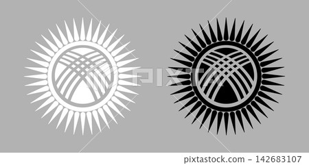 White, black outline symbol from National State Flag ensign of Kyrgyz Republic icons set. Silhouette Sun that contains depiction of tunduk opening in center of roof of yurt traditional nomadic tent. White, black outline symbol from National State Flag ensign of Kyrgyz Republic icons set. Silhouette Sun that contains depiction of tunduk opening in center of roof of yurt traditional nomadic tent. 142683107