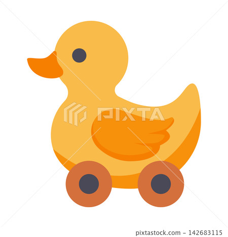 Cute Yellow Duck Pull Toy on Wheels Vector Illustration 142683115