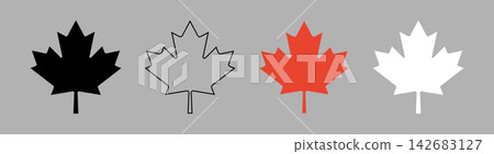Set of Canada symbol maple leaf white, red, black outline samples. Maple leaf layouts. Maple leaf silhouette simple icons. Maple leaf flat badge, sticker. 142683127