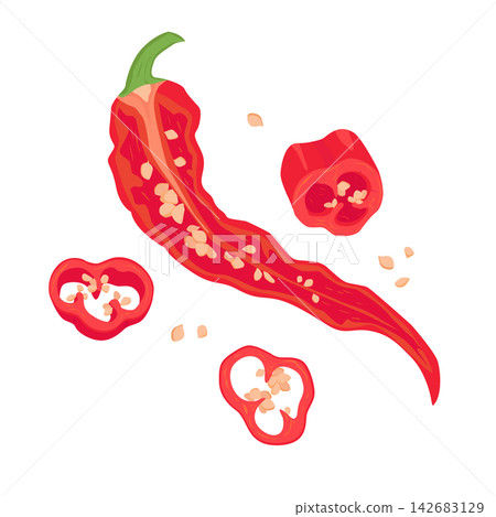 Red chilli pepper half with seeds and sliced pieces Red chilli pepper half with seeds and sliced pieces 142683129