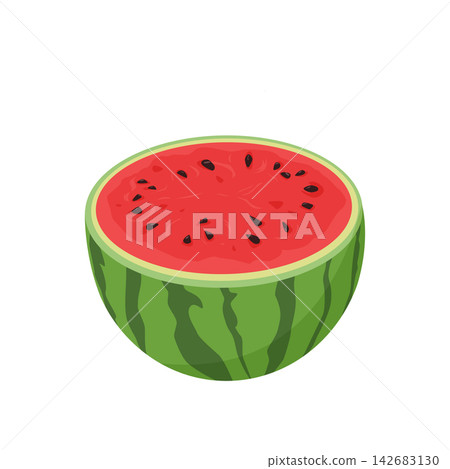 Watermelon half with red flesh inside and black seeds. Cartoon ripe watermelon Watermelon half with red flesh inside and black seeds. Cartoon ripe watermelon 142683130