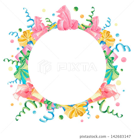 Watercolor festive round frame with colorful bows, ribbons, confetti and streamers isolated on white Watercolor festive round frame with colorful bows, ribbons, confetti and streamers isolated on white 142683147