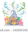 Watercolor Christmas gnome with gift boxes holding blank wooden sign isolated on white 142683148