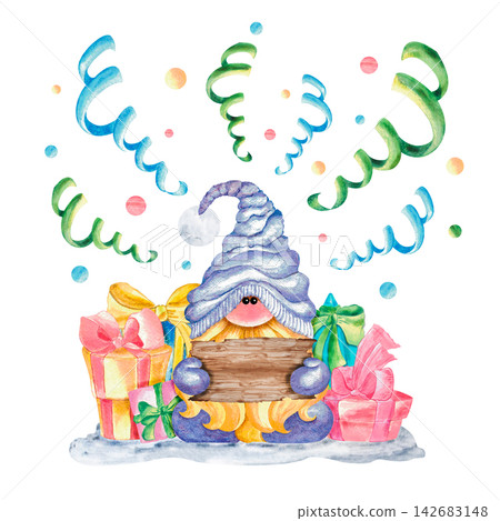 Watercolor Christmas gnome with gift boxes holding blank wooden sign isolated on white Watercolor Christmas gnome with gift boxes holding blank wooden sign isolated on white 142683148