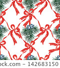 Seamless Christmas pattern with red bows, pine branches and blue bells on white background 142683150
