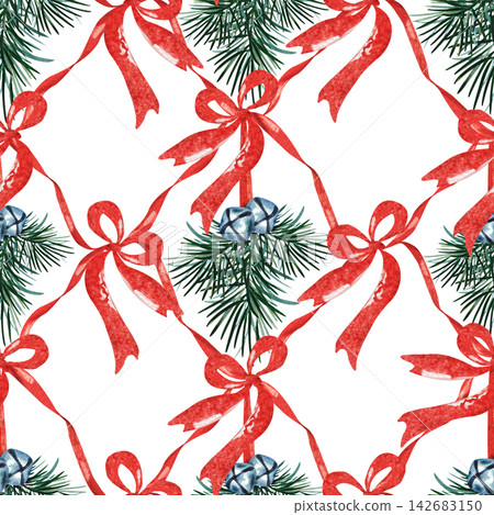 Seamless Christmas pattern with red bows, pine branches and blue bells on white background Seamless Christmas pattern with red bows, pine branches and blue bells on white background 142683150