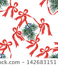 Seamless Christmas pattern with red bows, pine branches and blue bells on white background 142683151