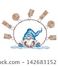 Watercolor Christmas gnome with blank gift tags on rope frame, winter holiday illustration isolated on white 142683152