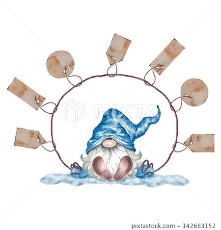 Watercolor Christmas gnome with blank gift tags on rope frame, winter holiday illustration isolated on white Watercolor Christmas gnome with blank gift tags on rope frame, winter holiday illustration isolated on white 142683152