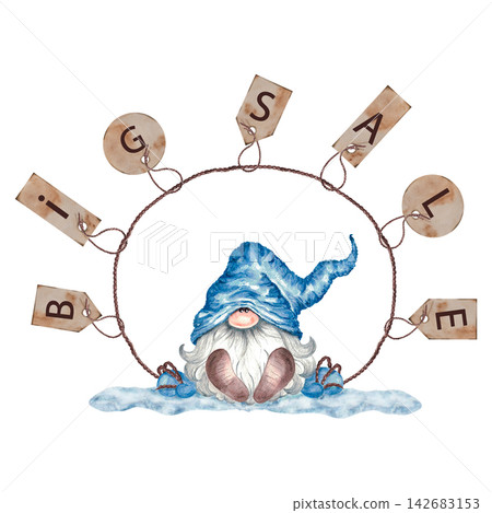 Watercolor Christmas gnome with SALE sign, winter holiday promotion illustration Watercolor Christmas gnome with SALE sign, winter holiday promotion illustration 142683153