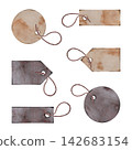 Set of blank vintage paper gift tags with string isolated on white background 142683154