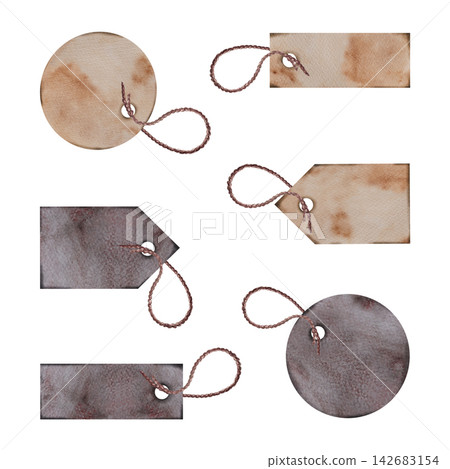 Set of blank vintage paper gift tags with string isolated on white background Set of blank vintage paper gift tags with string isolated on white background 142683154