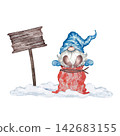 Watercolor Christmas gnome sitting in snow with blank wooden sign isolated on white 142683155