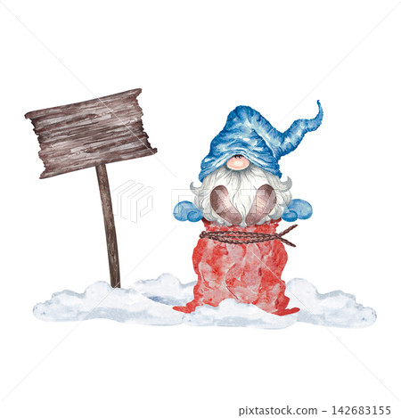 Watercolor Christmas gnome sitting in snow with blank wooden sign isolated on white Watercolor Christmas gnome sitting in snow with blank wooden sign isolated on white 142683155