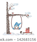 Watercolor winter gnome on swing with sled, birds and snowy tree 142683156