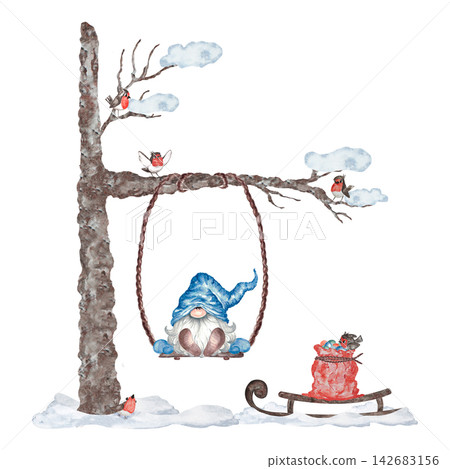 Watercolor winter gnome on swing with sled, birds and snowy tree Watercolor winter gnome on swing with sled, birds and snowy tree 142683156