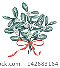Watercolor Mistletoe Bouquet with White Berries and Red Ribbon Isolated on White 142683164