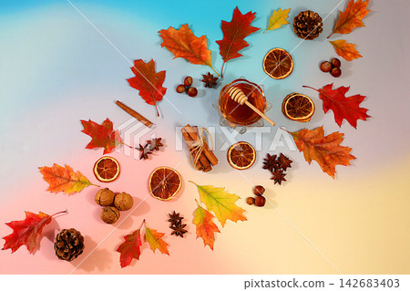 Hello Autumn greeting card.Abstract autumn composition featuring maple leaves, pine cones, nuts, cinnamon, star anise, and rowan berries, Thanksgiving themed still life, seasonal background Hello Autumn greeting card.Abstract autumn composition featuring maple leaves, pine cones, nuts, cinnamon, star anise, and rowan berries, Thanksgiving themed still life, seasonal background 142683403