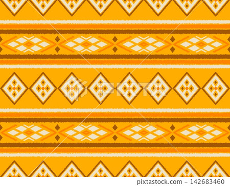 Hand-drawn seamless yellow mustard tribal ikat border pattern for summer dress trim ribbon accent Hand-drawn seamless yellow mustard tribal ikat border pattern for summer dress trim ribbon accent 142683460