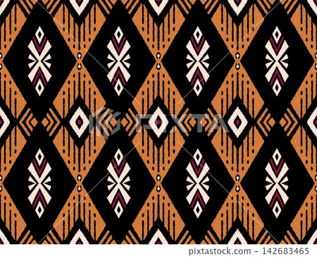Hand-drawn Seamless Luxurious Terracotta Diamond Ikat Pattern Print Hand-drawn Seamless Luxurious Terracotta Diamond Ikat Pattern Print 142683465