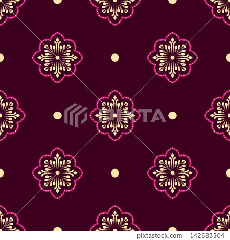 Hand-drawn dark maroon seamless damask ornamental floral pattern for luxury fabric textile printing Hand-drawn dark maroon seamless damask ornamental floral pattern for luxury fabric textile printing 142683504