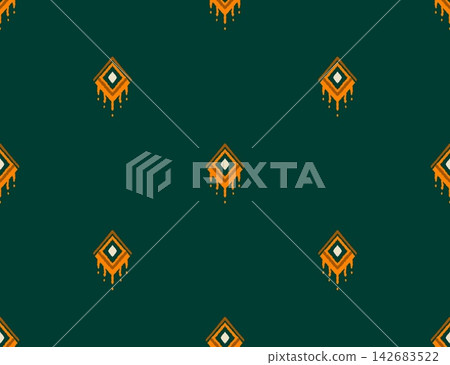 Hand-drawn Seamless Dark Green Ikat Pattern Background for Fashion Textile, Wallpaper, Packaging Hand-drawn Seamless Dark Green Ikat Pattern Background for Fashion Textile, Wallpaper, Packaging 142683522