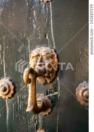 Antique lion head knocker decorating a distressed dark green wooden door, showing aged brass metalwork and rustic texture 142683559