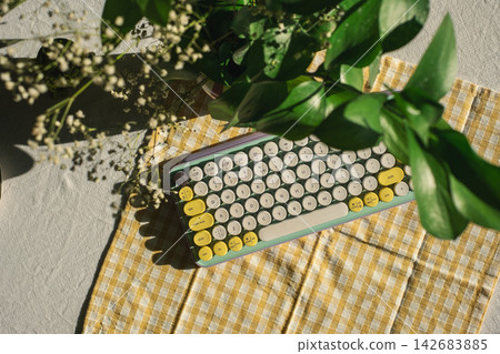 Retro keyboard with yellow accents on checkered table cloth surrounded by greenery Retro keyboard with yellow accents on checkered table cloth surrounded by greenery 142683885