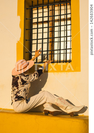 Elegant woman in pink hat sitting by window in warm sunlight 142683904