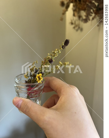 一隻女人的手拿著一小瓶花 一隻女人的手拿著一小瓶花 142683998