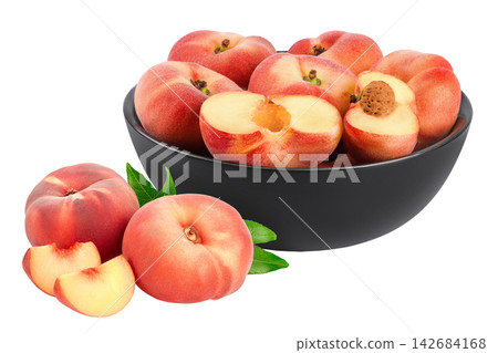 chinese flat donut peaches in ceramic bowl isolated on white background 142684168