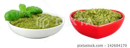 Pesto sauce in ceramic bowl isolated on white background. Top view. Flat lay 142684170