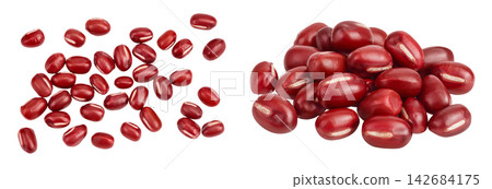 Red adzuki beans isolated on white background. Top view. Flat lay. Red adzuki beans isolated on white background. Top view. Flat lay. 142684175