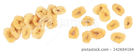Dried banana chips isolated on white background with full depth of field. Top view. Flat lay Dried banana chips isolated on white background with full depth of field. Top view. Flat lay 142684184