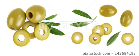 Green olives with leaves isolated on a white background with full depth of field. Top view. Flat lay Green olives with leaves isolated on a white background with full depth of field. Top view. Flat lay 142684192