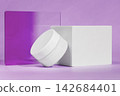 Cosmetic container and white jar on purple background for skincare branding 142684401